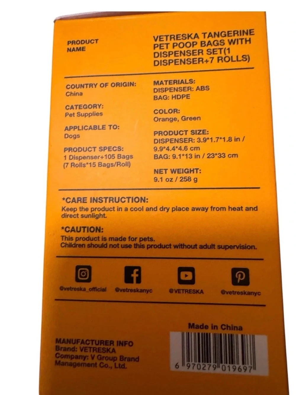 Vetreska Tangerine Scented Dog Poop Bags & Dispenser- Brand New, Sealed
